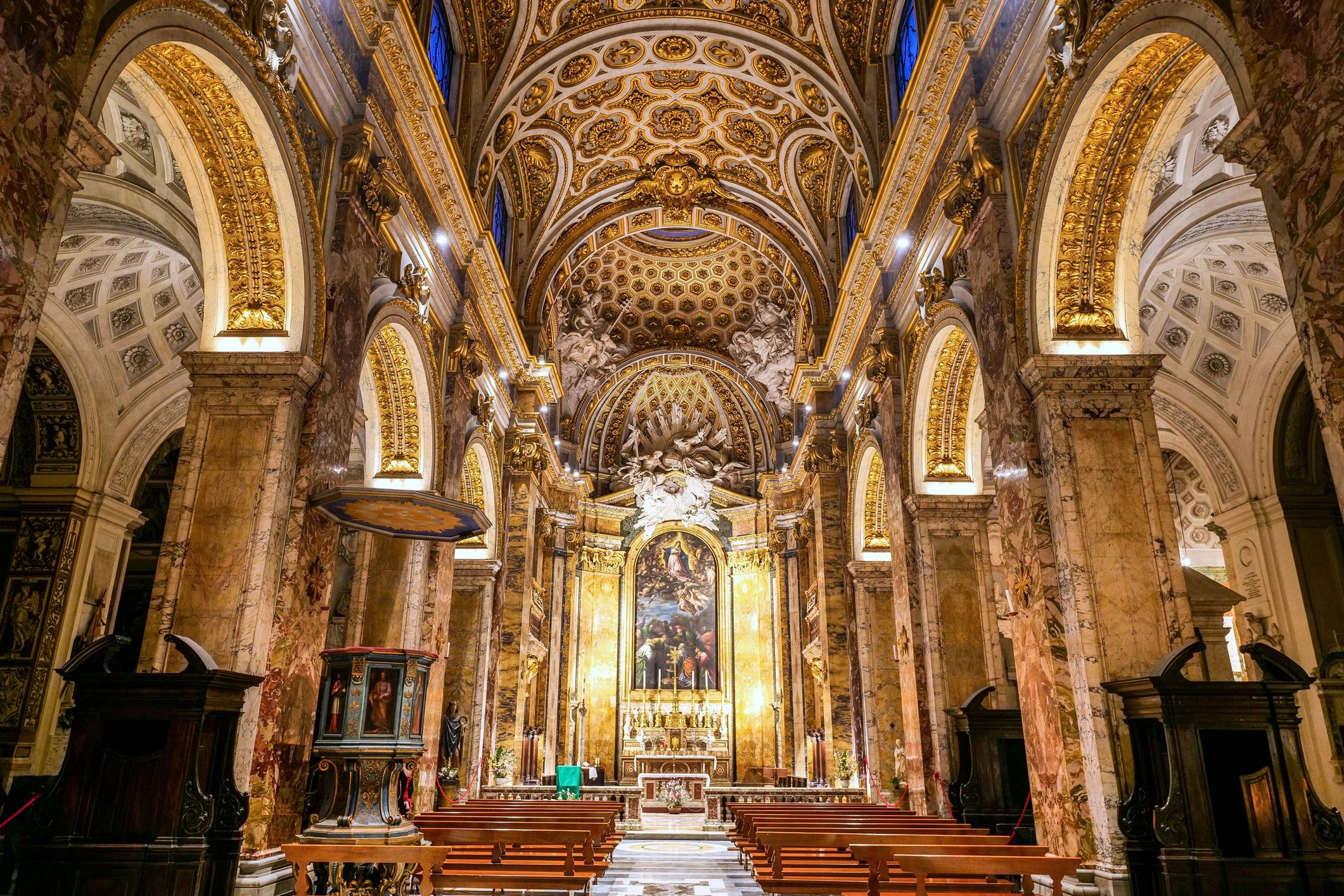 Chapel-like church interior with ornate nave