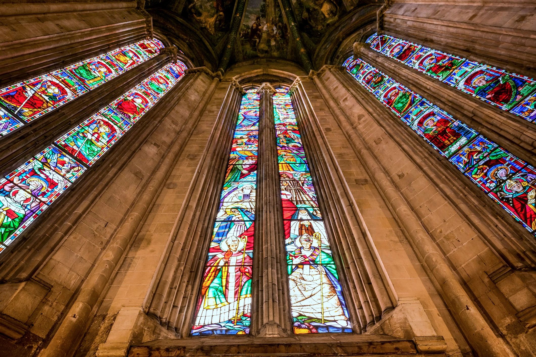 Gothic cathedral stained glass windows and interior
