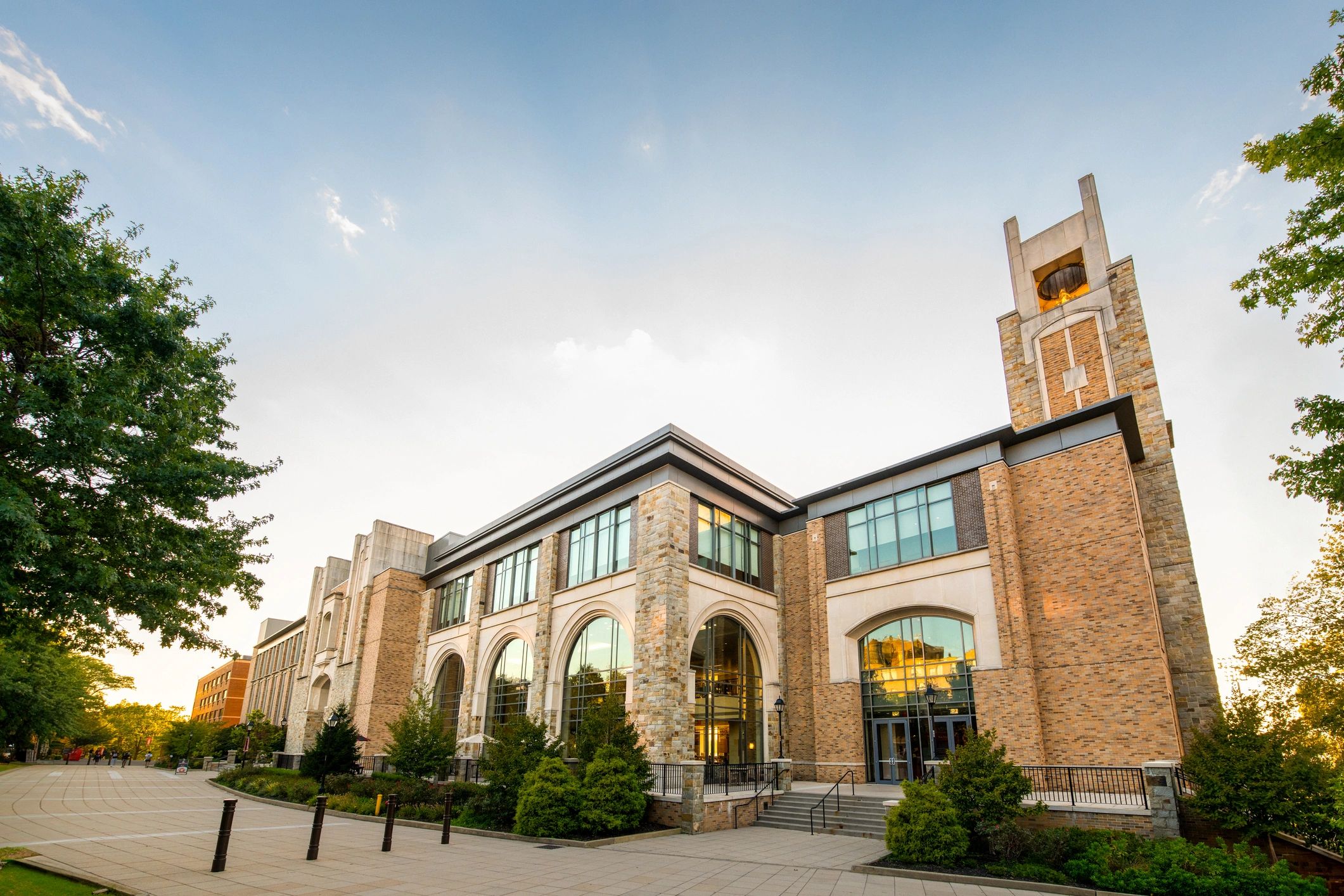 Stone campus buildings in daylight